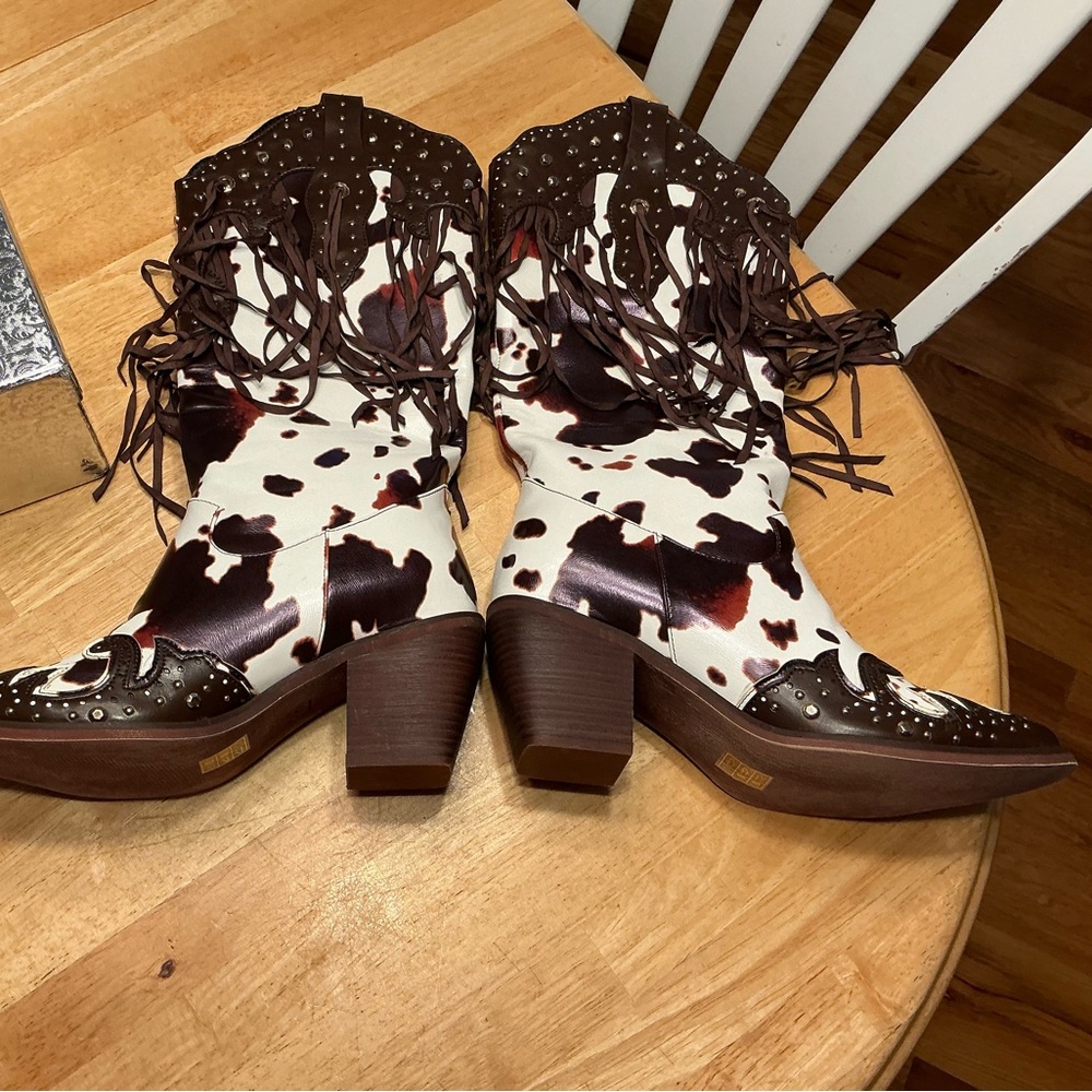 Cow Print Fringe Western Snip Toe Boots